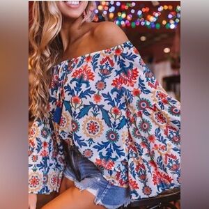 C+D+M Boho Peasant Style Bell Sleeve Multicolor Off The Shoulder Top Size Large